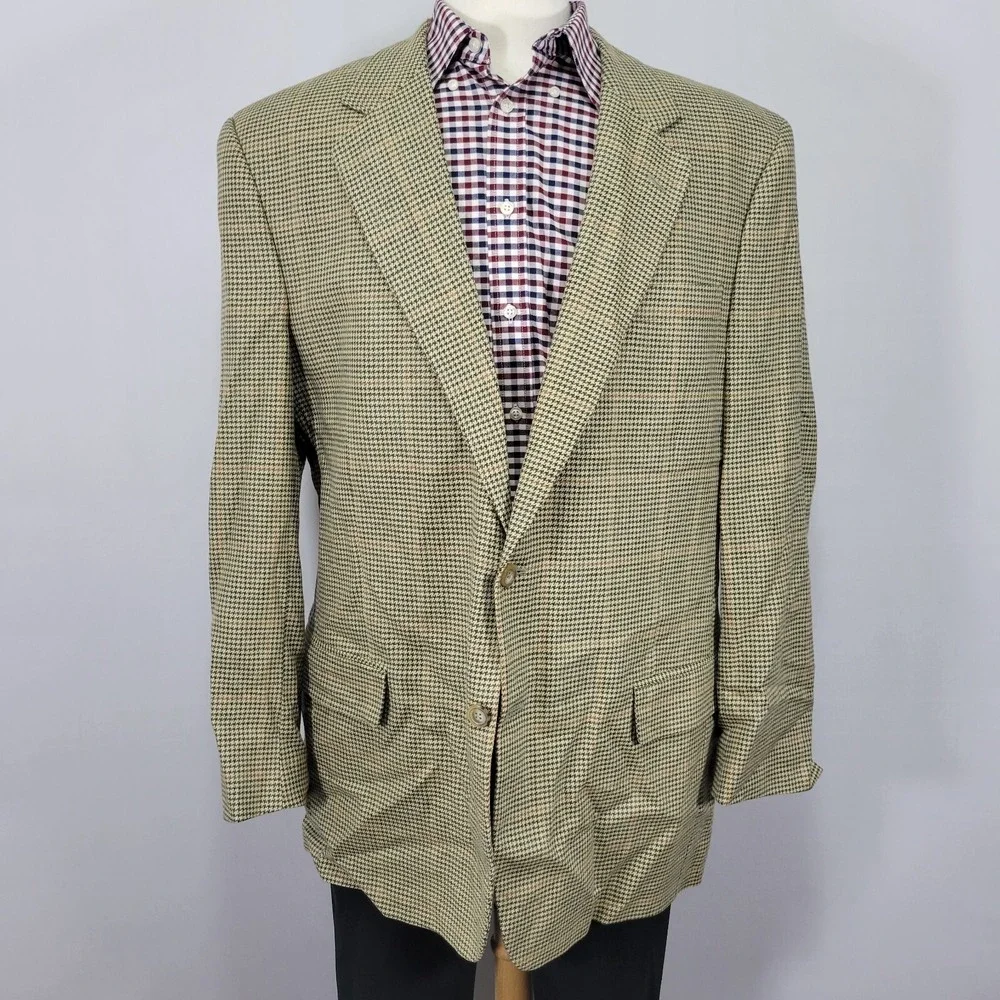 JOS A BANK‎ Men's Sport Coat Blazer Two Button Beige Houndstooth Wool Size 46L